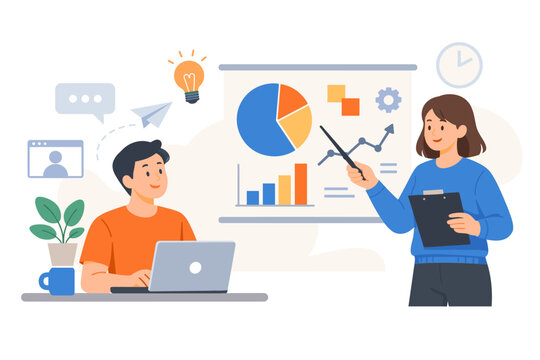 Business team collaborating on data analysis and strategy. A woman presents charts on a whiteboard while a man works on a laptop. Concept of teamwork, professional growth, and office productivity.