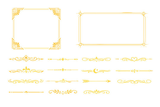 Gold Decorative Frames and Text Dividers Set with Art Deco Corner Border, Glowing Geometric Frame, and Vintage Ornamental Separators for Wedding Invitations, Certificates, and Luxury Design