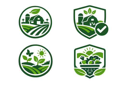 Set of four green organic farming certification stamps and logos featuring farm barns, rural fields, fresh vegetables, and eco-friendly symbols for sustainable agriculture and food quality standards.