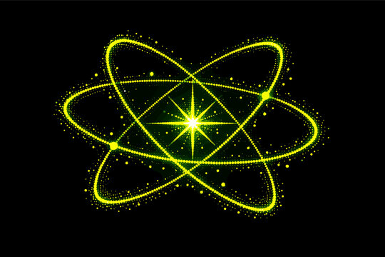 Vibrant neon green vector illustration of a glowing atomic orbital sphere with intersecting elliptical paths, central starburst, and sparkling particles on a dark black background for science.