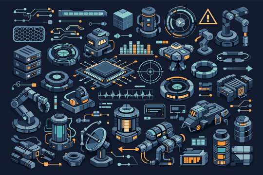 Vector Set of Isometric Technical Cyberpunk Schematics for Industrial Sci-Fi UI Design Featuring Robotic Arms, Microchips, Server Racks, Radar, and Futuristic Laboratory Equipment Elements.
