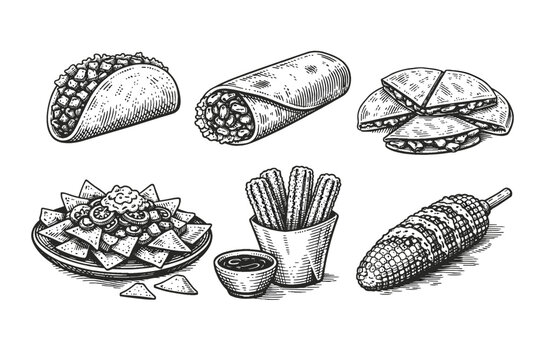 Vintage hand-drawn Mexican food collection with detailed sketches of taco, burrito, quesadilla, nachos, churros, and elote. Engraving style vector illustration for restaurant menus and branding.