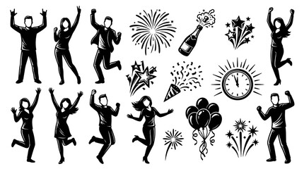Fototapeta premium Celebration Party Success Vector Glyph Icons Set - Happy People, Fireworks, New Year Silhouettes