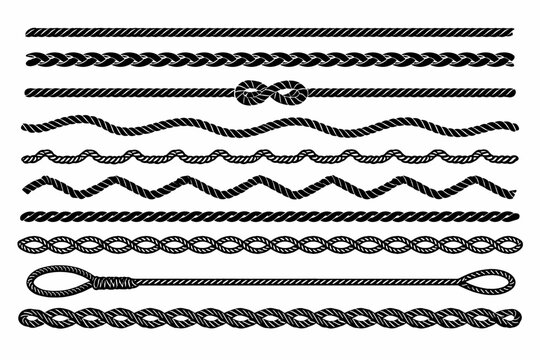 Nautical Rope and String Patterns Set with Braid Lines, Wavy Borders, and Sailor Knots. Decorative Twisted Cord Brushes for Cowboy Lasso, Marine Framing, and Vintage Graphic Design Elements.