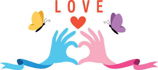 Obraz premium A heartfelt connection two hands forming a heart shape with butterflies and the word 'love'