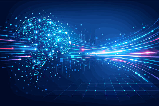 Futuristic Artificial Intelligence Brain with Big Data Flow and Digital Stream Lines. Glowing Particles and High-Speed Connectivity Background for Technology, Data Science, and Machine Learning.