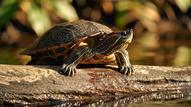 Red-Eared Slider Turtle Basking on Sunlit Log