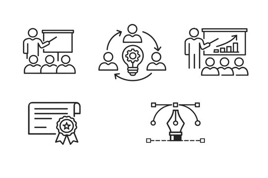 Workshop Line Icon Set Featuring Training Seminar Teamwork Collaboration Presentation Certification and Creative Design Skills for Professional Development Education and Business Growth Concepts