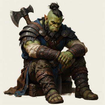 Grumpy Fantasy Warrior Sitting in Dark Environment