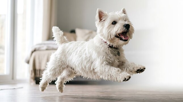 A joyful white West Highland White Terrier mid jump, showcasing energy and happiness in a bright, cozy indoor setting. Perfect for pet marketing, lifestyle content, and emotional branding campaigns.