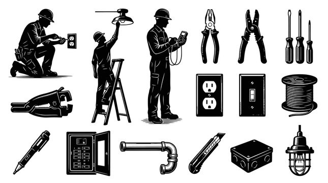 Electrician tools, workers, and equipment vector set black and white line art