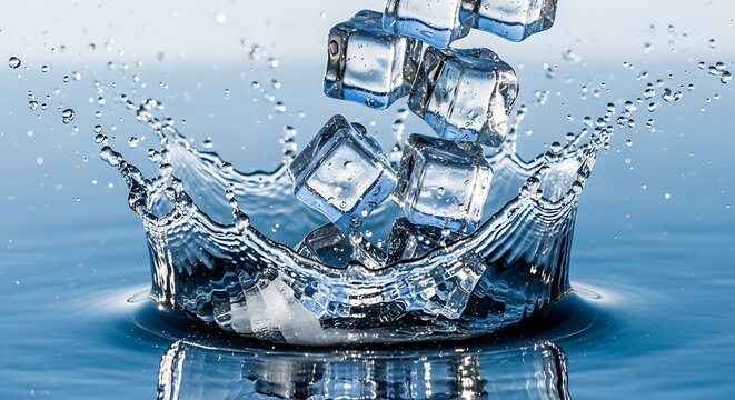 ice cubes splashing into water on transparent background high quality professional detailed