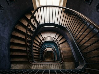 Obraz premium Architectural Steel and Timber Spiral Staircase from Top-Down View