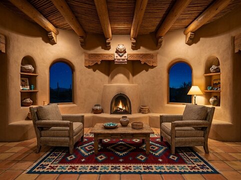 Authentic Southwest Adobe Interior with Viga Beams and Saltillo Tiles