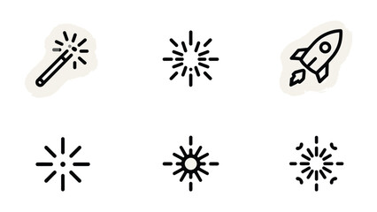 Abstract icons of rocket and sparkle: A collection of charming, simple icons featuring a playful rocket soaring through the cosmos, with stars, and a magic wand. © abidakhatun