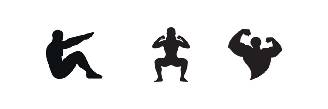 Bodybuilder and Martial Arts Fitness Silhouette Icon Set Vector
