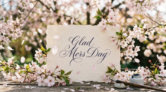 Elegant ink lettering &ldquo;Glad Mors Dag&rdquo; on handmade paper, surrounded by cherry blossoms