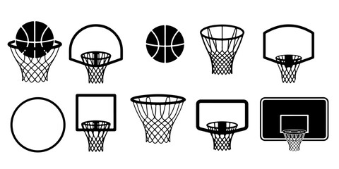 Basketball hoop, net and ball icon set including backboard and scoring concepts in outline and solid styles isolated on white background for sports design use © MSTROUJATOUS