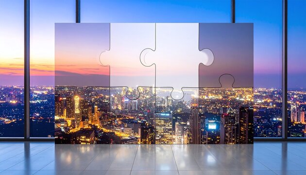 Jigsaw puzzle pieces forming a vibrant city skyline at sunset in a modern office. A perfect conceptual visual for teamwork, urban growth, strategic planning, and professional solutions.