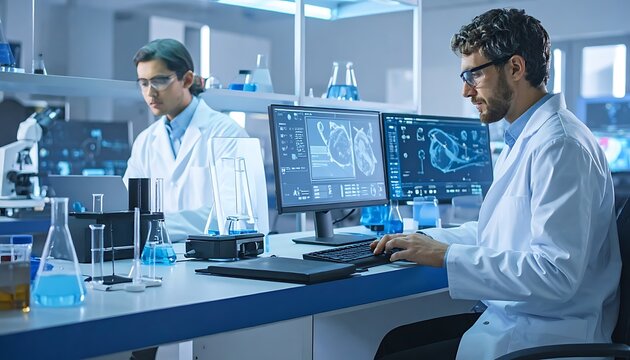 Two scientists working in a laboratory with computer screens
