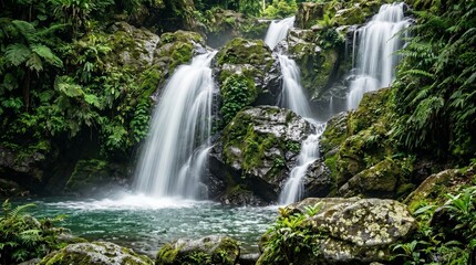 Obraz premium Beautiful Cascading Waterfall Over Mossy Rocks in a Lush Green Forest