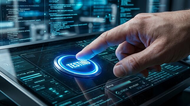 A close up shot of a hand activating a glowing blue virtual button on a high tech digital interface, surrounded by lines of code. Ideal for tech, innovation, and digital marketing visuals.