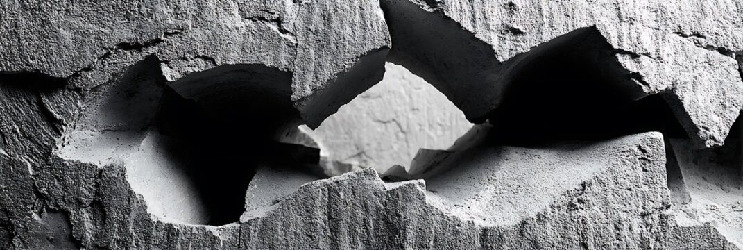 Stone wall with jagged cracks and deep holes showcasing rough industrial textures in a dramatic black and white monochrome style for conceptual themes of decay and resilience.