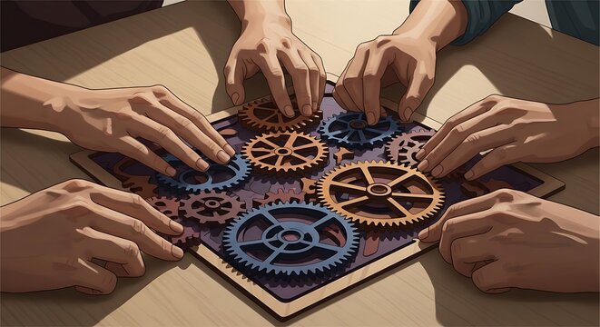 Close up of hands working together on a complex wooden puzzle with interlocking gears, representing teamwork and problem solving.
