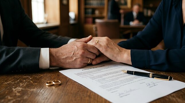 Heartfelt moment of an elderly couple holding hands over a marriage certificate, symbolizing commitment and love in a warmly lit library. Perfect for wedding, romance, or family themed marketing and l