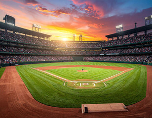 Obraz premium Vibrant sunset colors fill the sky over a crowded baseball stadium, evoking excitement and community spirit. Ideal for sports media, travel ads, and editorial summer lifestyle branding.