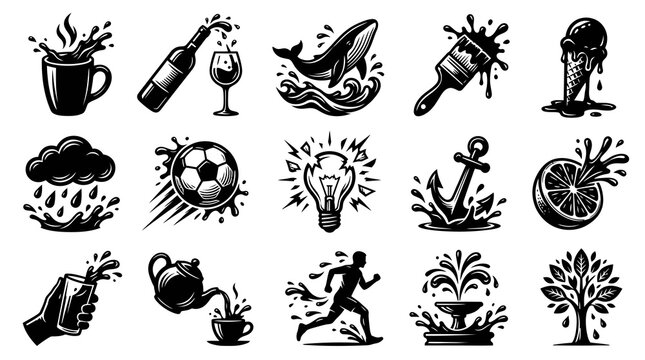 Black and White Icons: Coffee, Wine, Whale, Paintbrush, Ice Cream, Cloud, Soccer, Lightbulb, Anchor, Orange, Running Man, Fountain, Tree