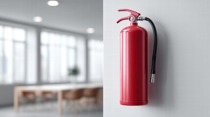 Obraz premium Fire extinguisher mounted on a white wall in a modern office setting.