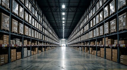 Fototapeta premium A spacious, well lit industrial warehouse showcasing towering metal shelving units stocked with organized boxed goods, ideal for logistics, e commerce, and business marketing materials.