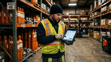 Fototapeta premium A focused warehouse professional in high visibility vest and hard hat checks inventory on a tablet amidst neatly arranged industrial storage shelves. Ideal for logistics, business, and safety training