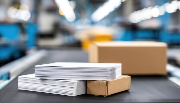 Stacks of envelopes and a cardboard box on a conveyor belt in a modern mail sorting or packaging facility.