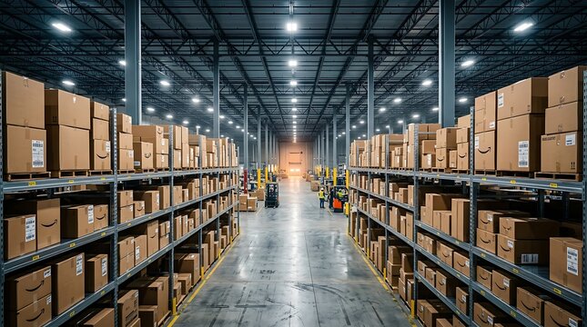 Brightly lit industrial warehouse showcasing neatly arranged shelves filled with cardboard boxes, ideal for e commerce, logistics, and business marketing materials.