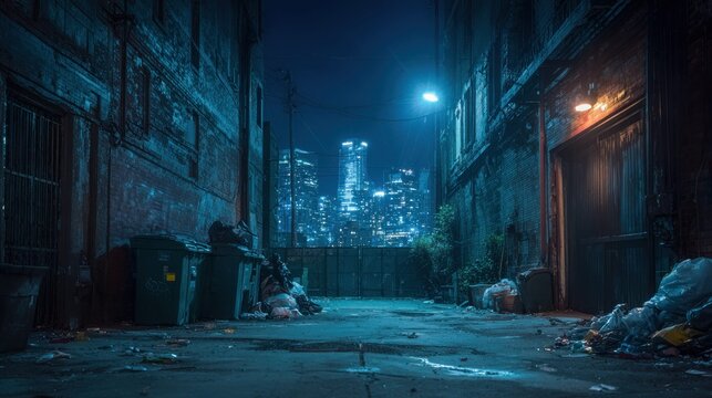 Gritty urban alleyway at night with city skyline and overflowing trash bins