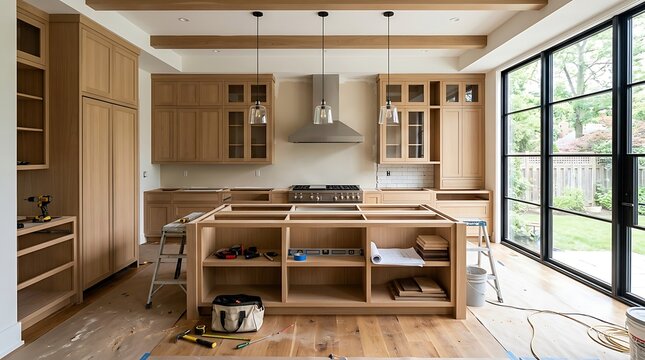 Brightly lit kitchen undergoing construction, showcasing unfinished cabinetry and woodwork. Ideal for home improvement, real estate, and interior design marketing.