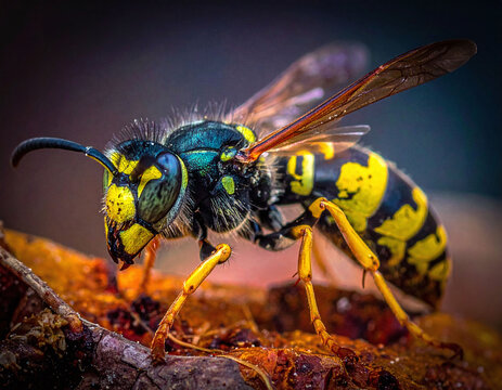 Vibrant macro image of a yellowjacket wasp on a branch. Sharp detail showcases iridescent colors and patterns. Great for science, pest control, wildlife blogs, and nature publications.
