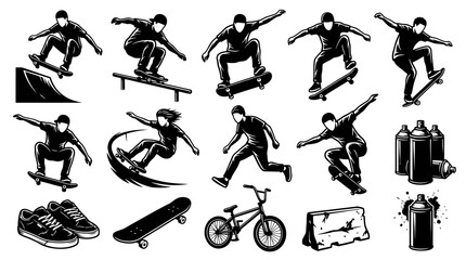 Naklejka premium Monochromatic Black and White Vector Illustration Set of Skaters, BMX, and Urban Sports Lifestyle Elements