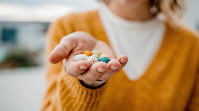 A woman is holding a hand full of colorful candies, symbolizing joy and playfulness, showcasing an inviting and vibrant atmosphere that grabs attention.
