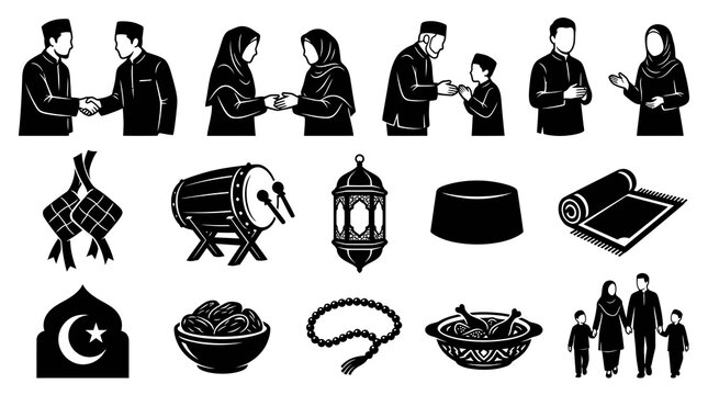 Islamic Culture, Ramadan  Eid Muslim Lifestyle Glyph Icon Set with People  Symbols