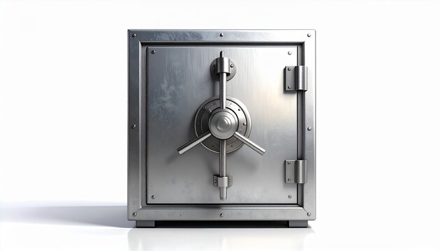 A shiny metal safe with a combination lock on the front door is standing alone in a plain white room.