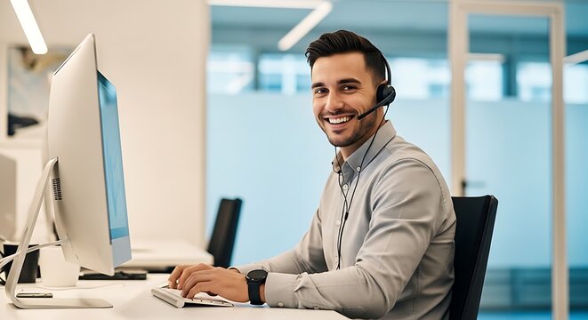 A cheerful professional wearing a headset works at a dual monitor setup in a bright, contemporary office environment. Ideal for business, marketing, and corporate lifestyle imagery.