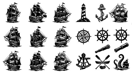 Obraz premium Nautical Vector Icons: Ships, Lighthouse, Anchor, Compass, Wheel, Telescope, Oars