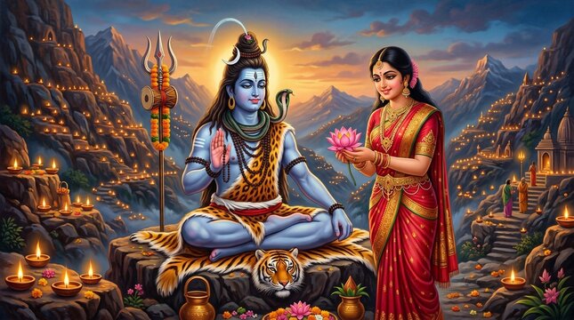 Divine shiva parvati depiction for hartalika teej and pradosh vrat celebrating sharad navratri devotion and spiritual fasting