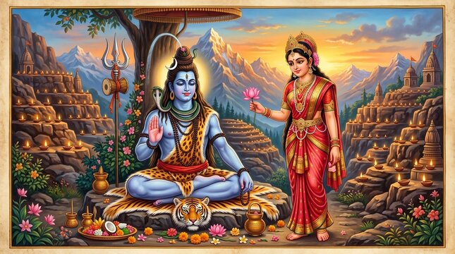 Divine shiva parvati depiction for hartalika teej and pradosh vrat celebrating sharad navratri devotion and spiritual fasting