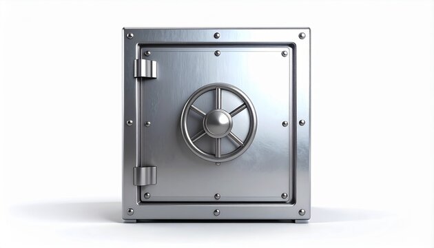 A secure metal safe with a combination lock sits on a white surface in a neutral environment.
