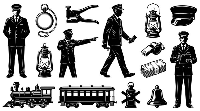 Vintage Train Conductor and Railway Icons Set in Black and White