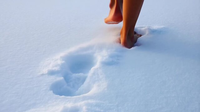 Tracking shot of bare feet walking on white snow leaving deep footprints in winter